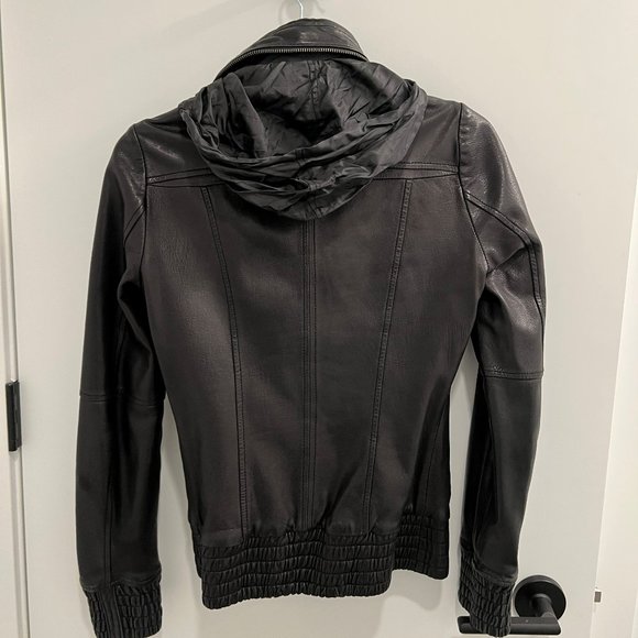 Mackage Leather Jacket Black XXS Aritzia Bomber Hidden Hood - Picture 6 of 6